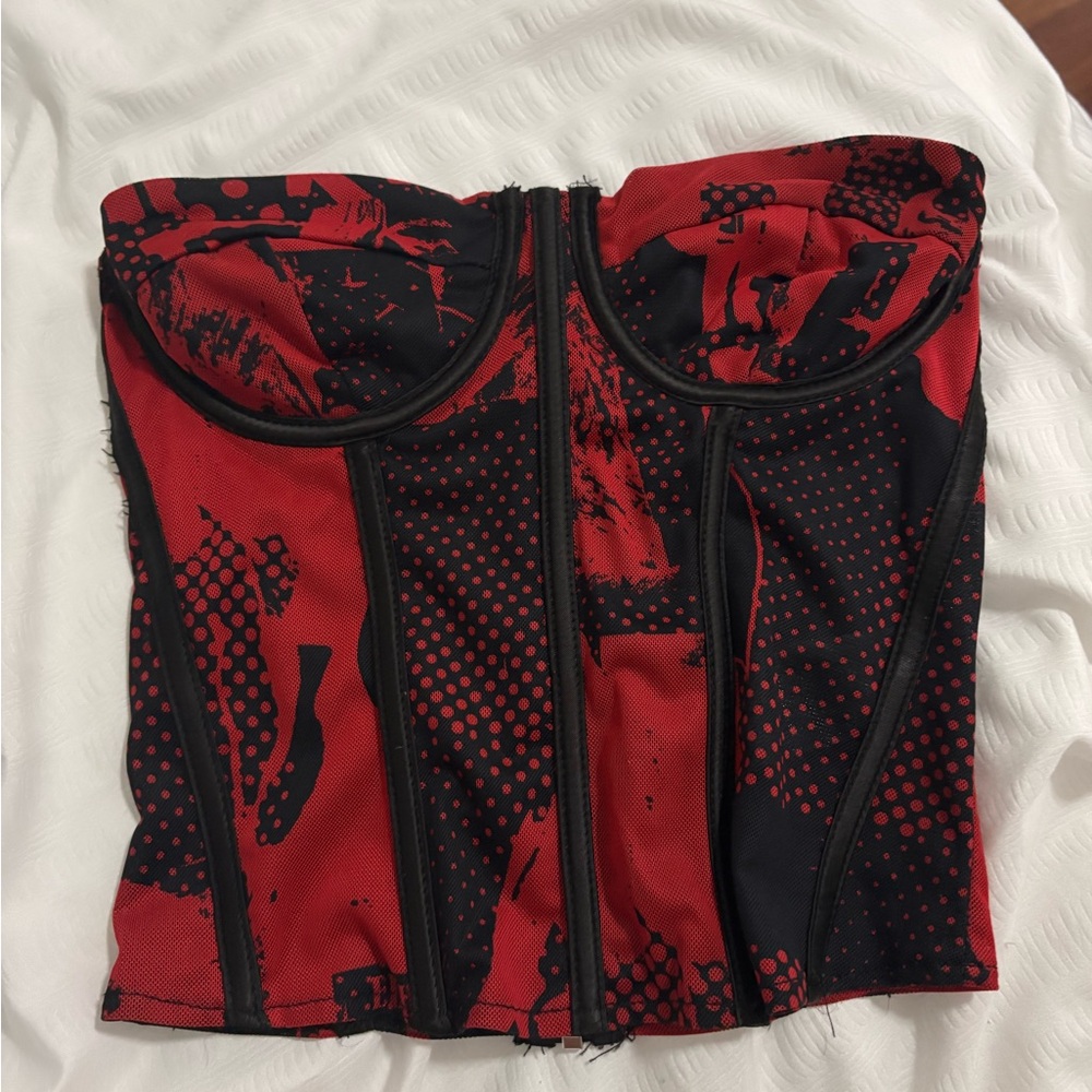 Red and Black Graphic Corset Top